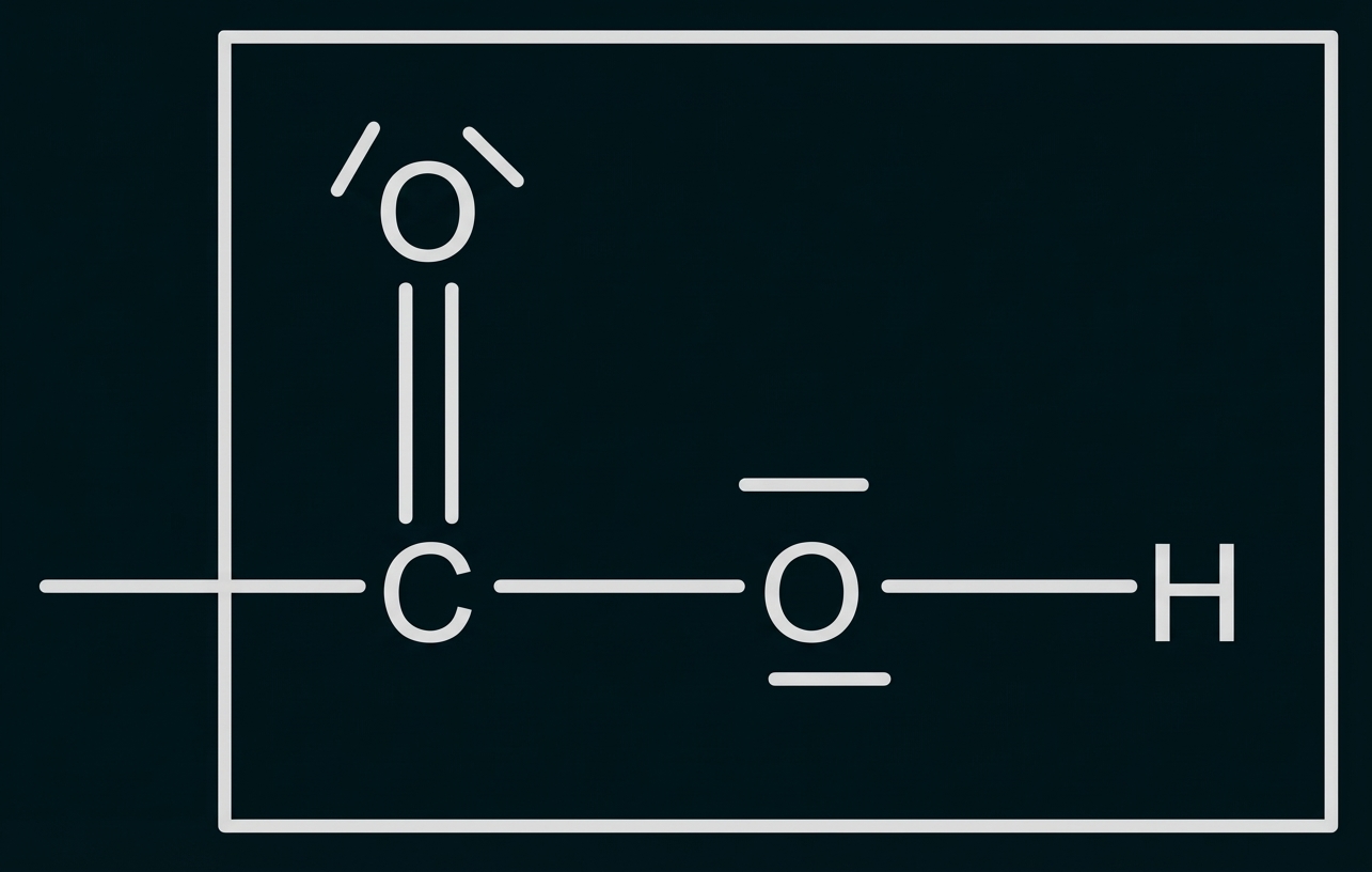 Schematische Darstellung einer Carbonsäuregruppe (R–COOH)